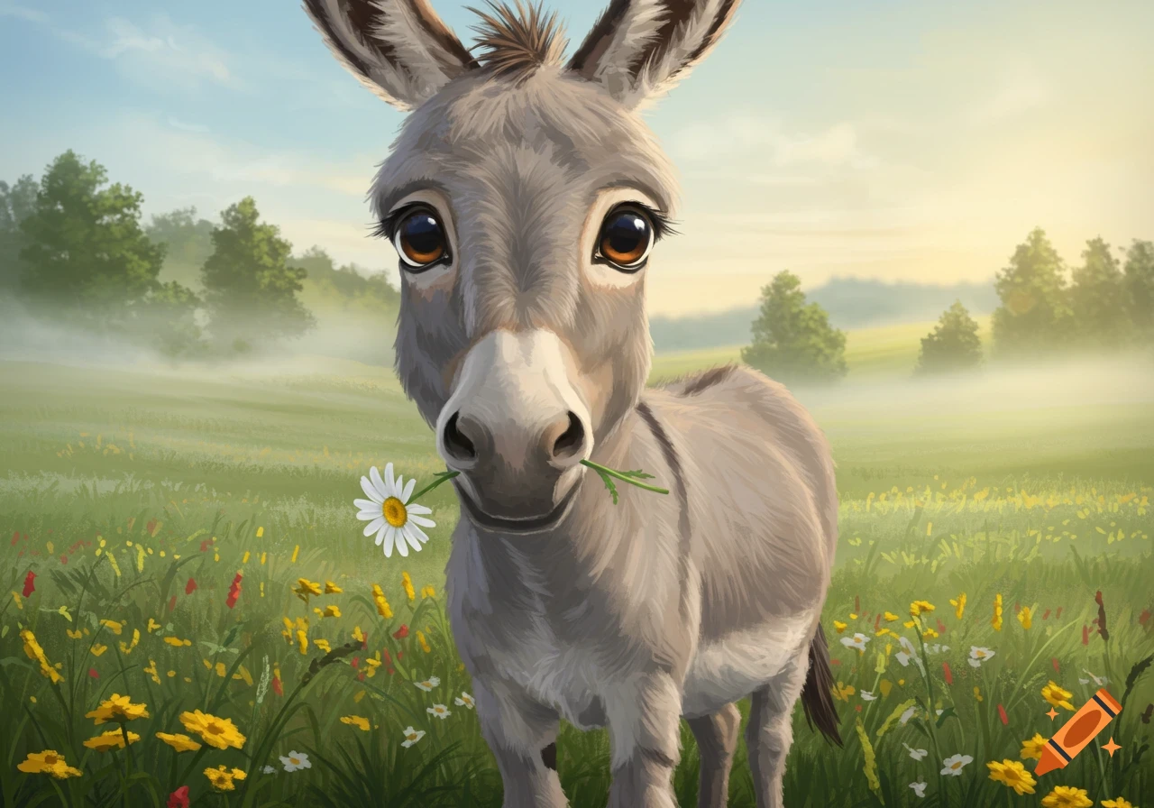 A cute illustrated donkey stands in a field of wildflowers, holding a white daisy in its mouth.
