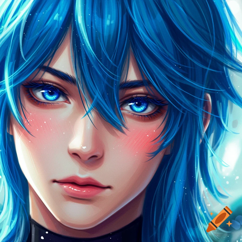 Close-up anime portrait of a person with vibrant blue hair and glowing blue eyes, slight blush on cheeks.