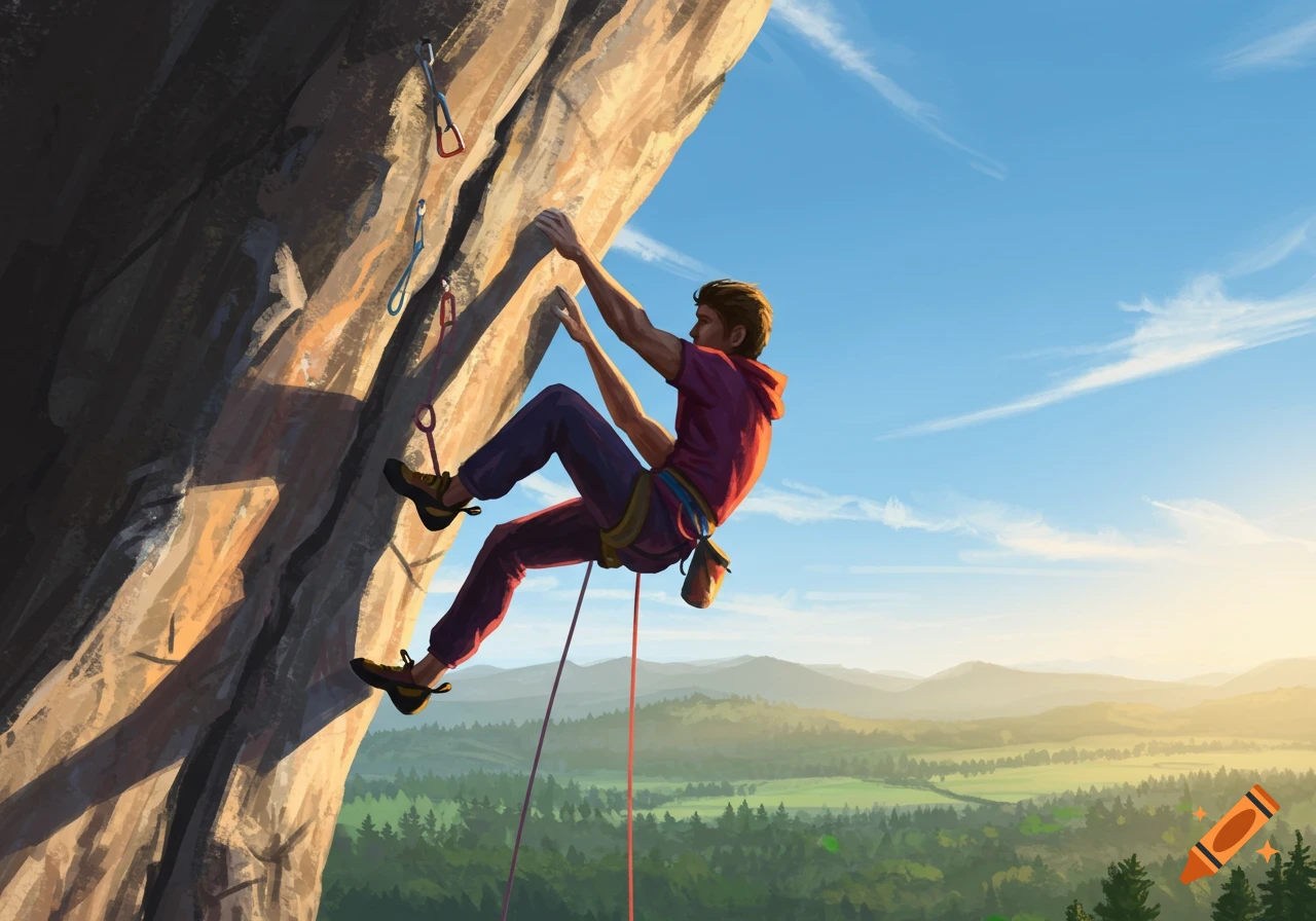 A man in purple clothes rock climbing a sunny cliff face, with a green valley and mountains below under a blue sky, digital painting.