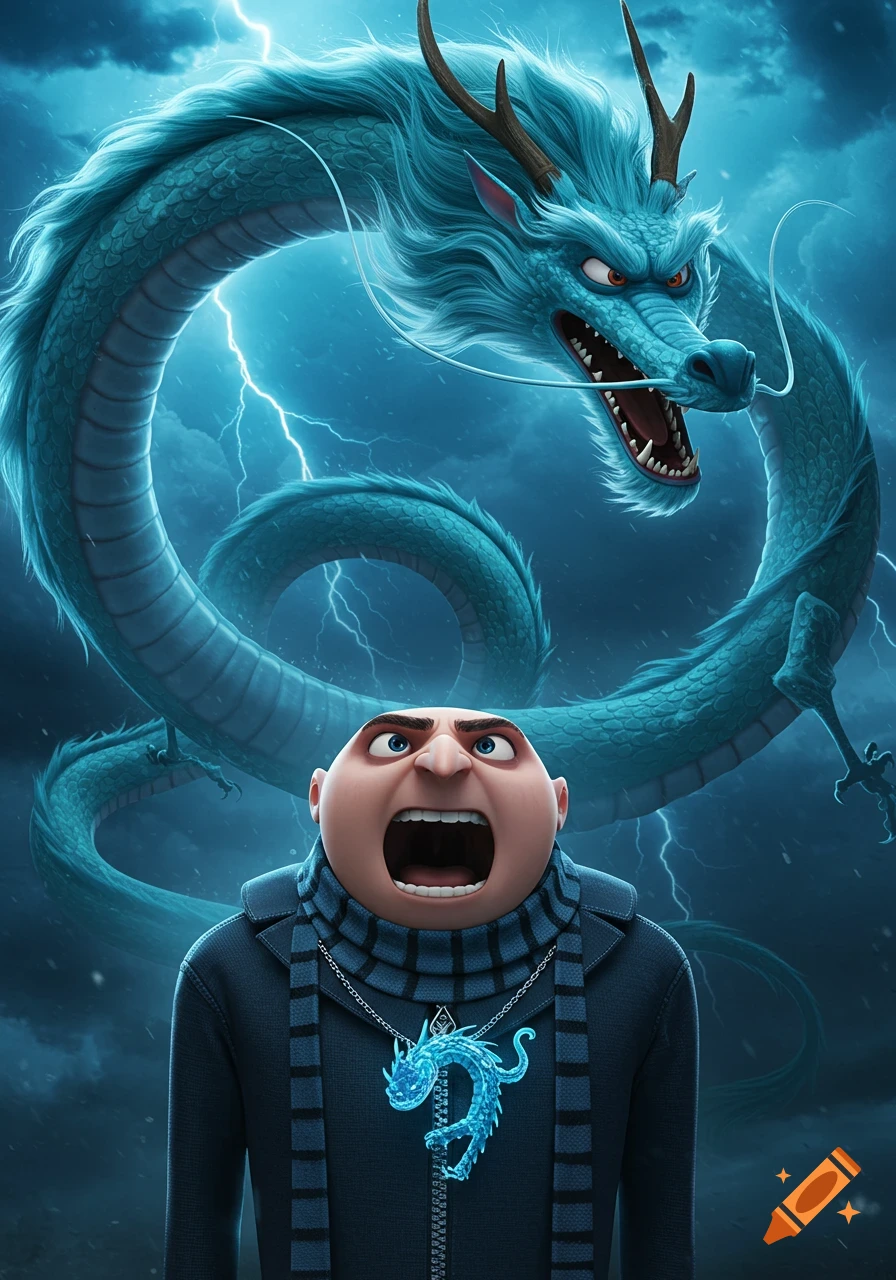 Gru from Despicable Me roaring with a fierce blue dragon behind him in a stormy, lightning-filled sky. Gru wears a matching dragon necklace.