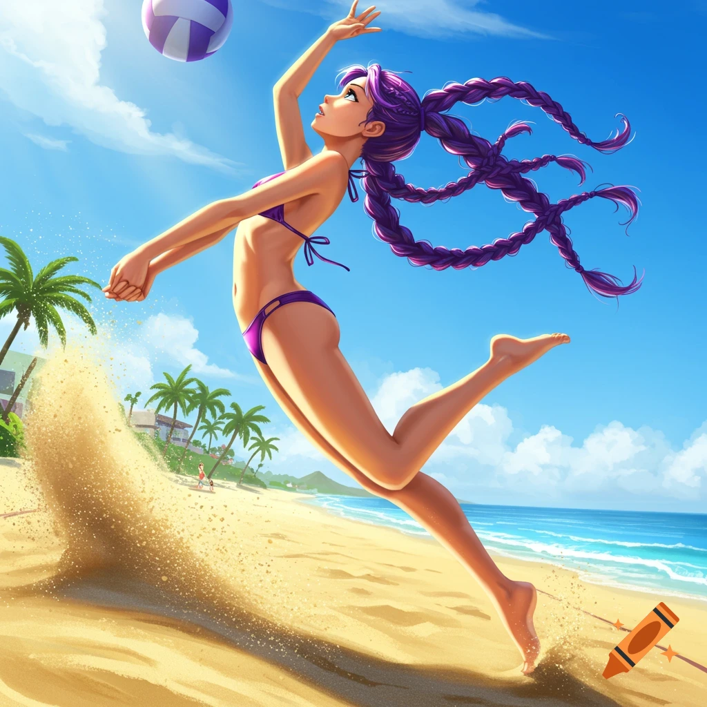 A stylized anime girl with long purple braids jumps high to spike a volleyball on a sunny beach, kicking up sand.