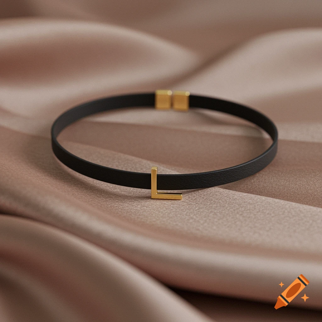 A black leather choker with a gold 'L' pendant resting on a light brown satin fabric.