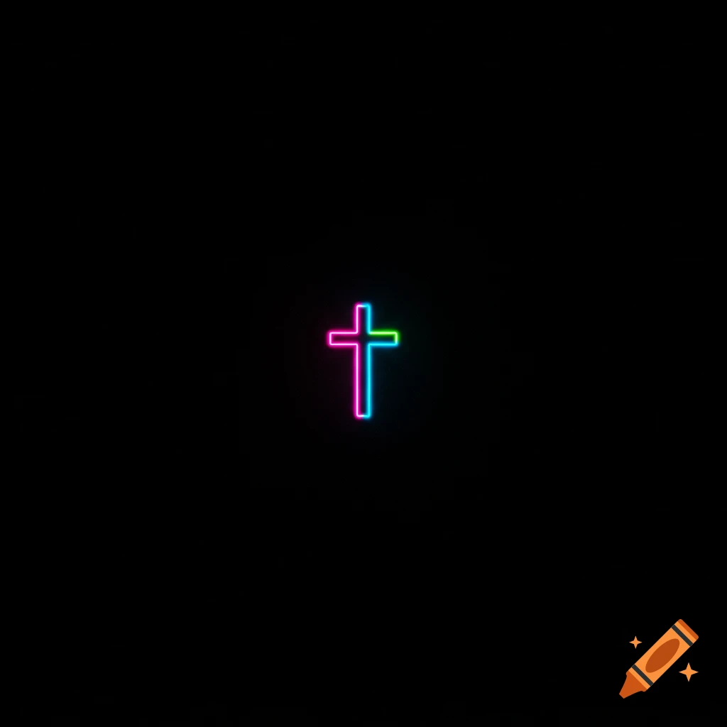 A neon cross with pink, green, and blue outlines glows on a black background.