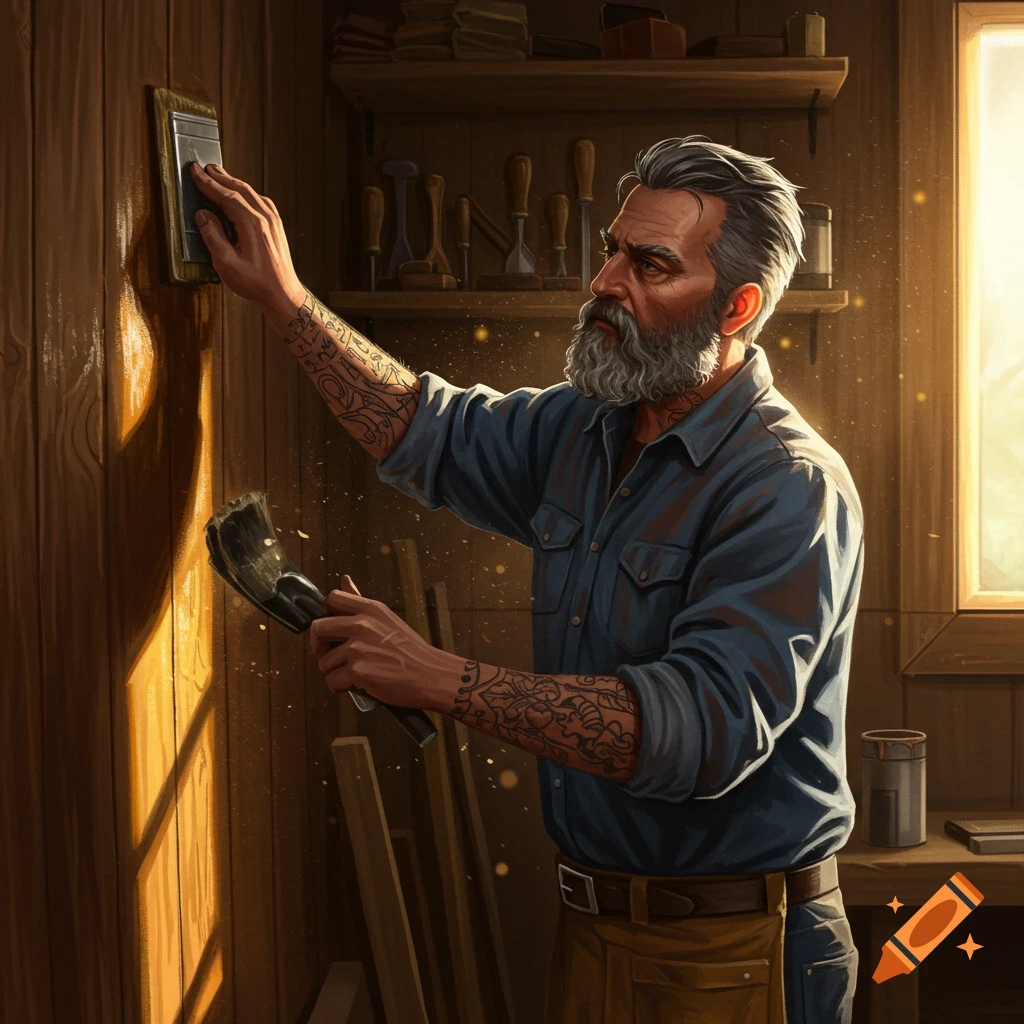 A bearded man in a workshop varnishing a wooden wall, sunlight streaming through a window.
