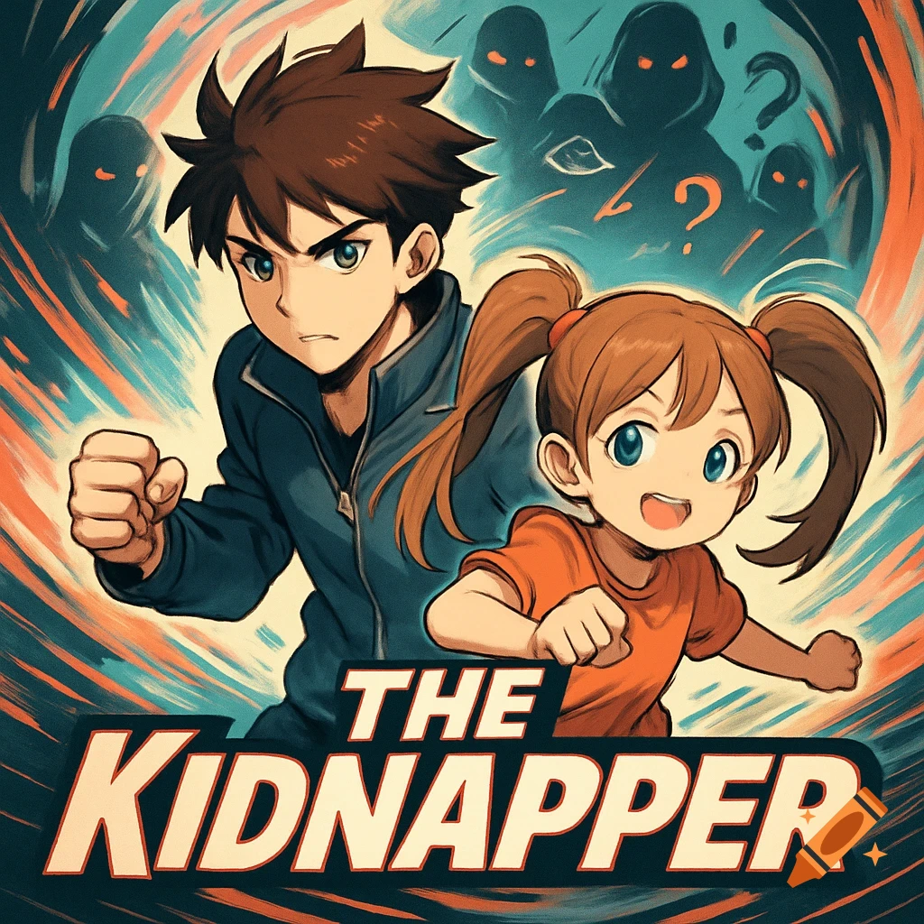 Anime illustration of a determined young man and a smiling girl, with shadowy figures behind them. Text reads: THE KIDNAPPER.