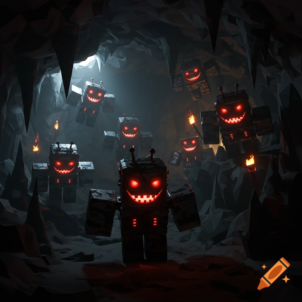 Menacing blocky robots with glowing red faces in a dark, rocky cave.