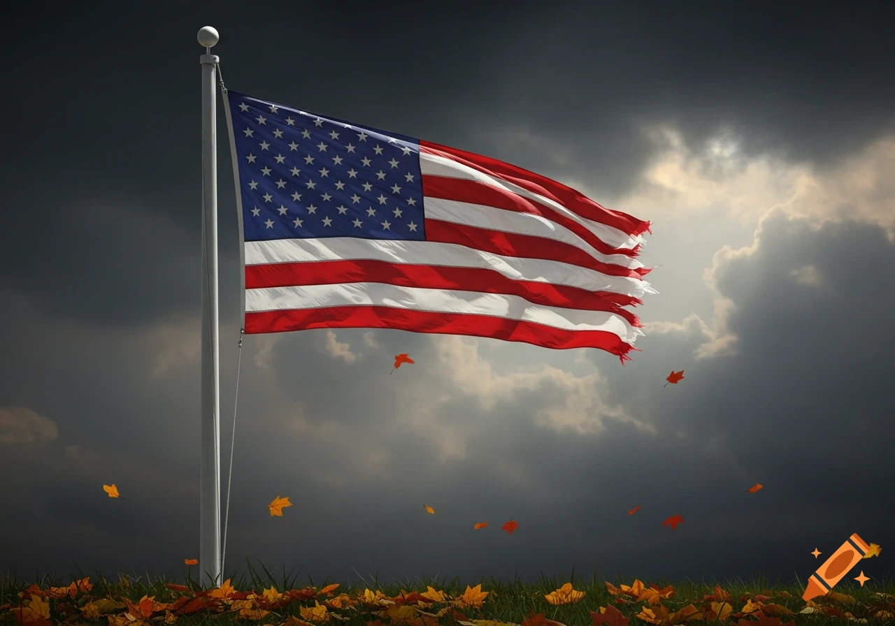 American flag on a flagpole against a stormy sky with falling autumn leaves.