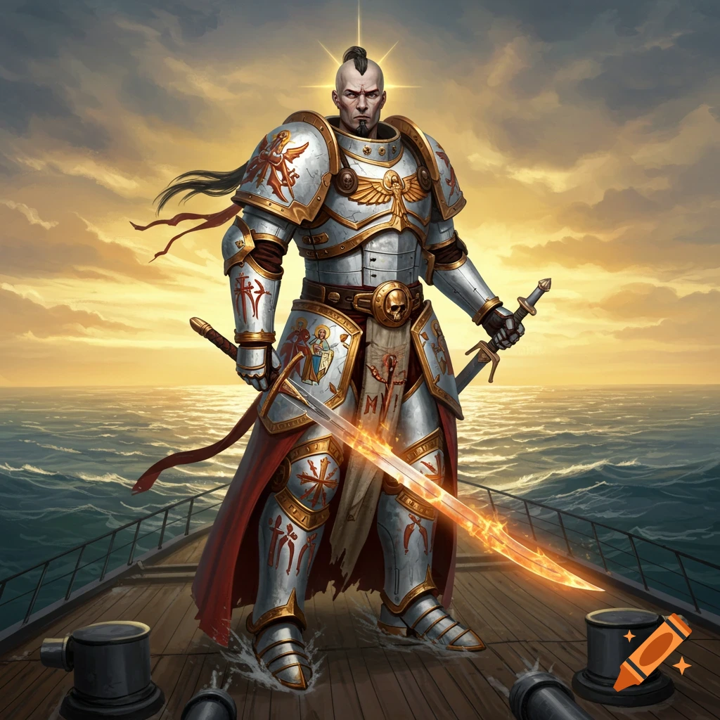 A heavily armored knight with a mohawk and beard stands on a ship deck at sunset, holding a glowing saber and a plain sword.
