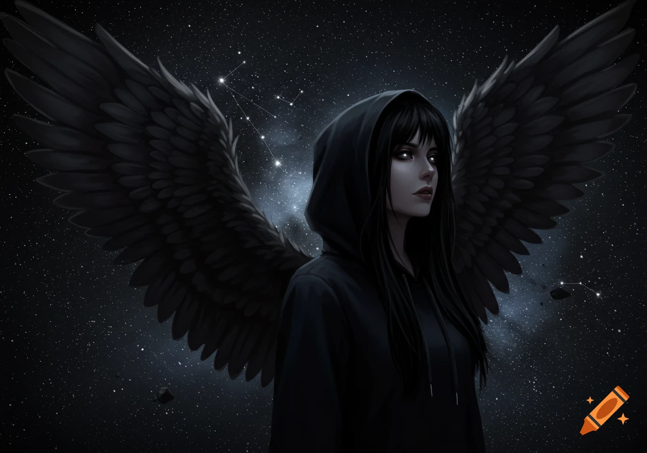 A dark-haired woman with glowing eyes in a black hoodie and large black wings stands against a starry night sky.