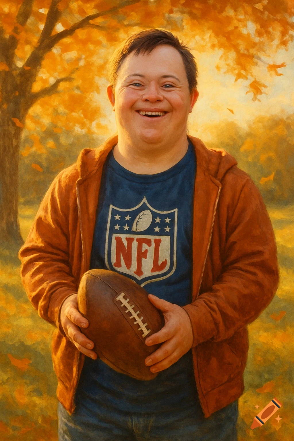 A smiling man with Down syndrome holds an American football, wearing an NFL shirt, against an autumn backdrop in a painterly style.