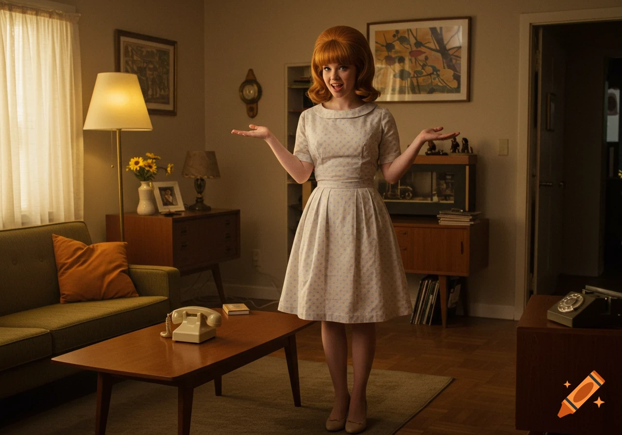 A young woman with a 1960s beehive hairstyle and patterned dress stands in a retro living room with vintage furniture.