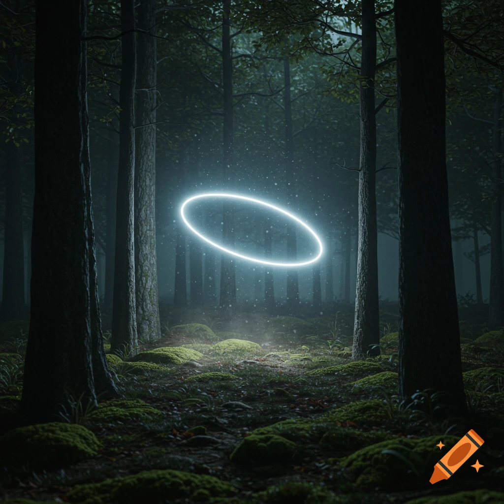 A mysterious glowing oval ring floats amidst a dark, misty forest with mossy ground.
