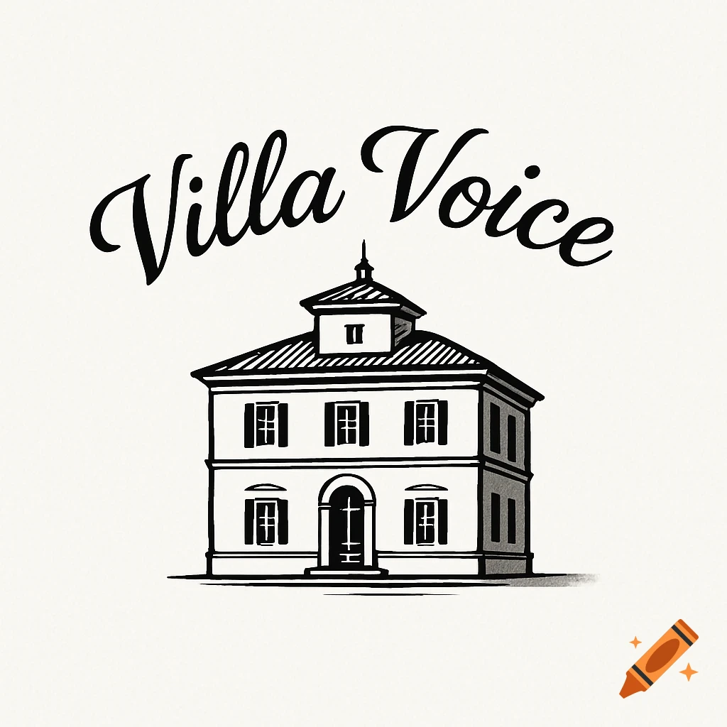A black and white line art logo of a villa building with the words "Villa Voice" in script above it.