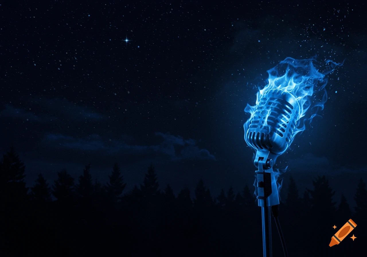 A vintage microphone engulfed in bright blue flames stands against a dark night sky with stars and a silhouetted forest.