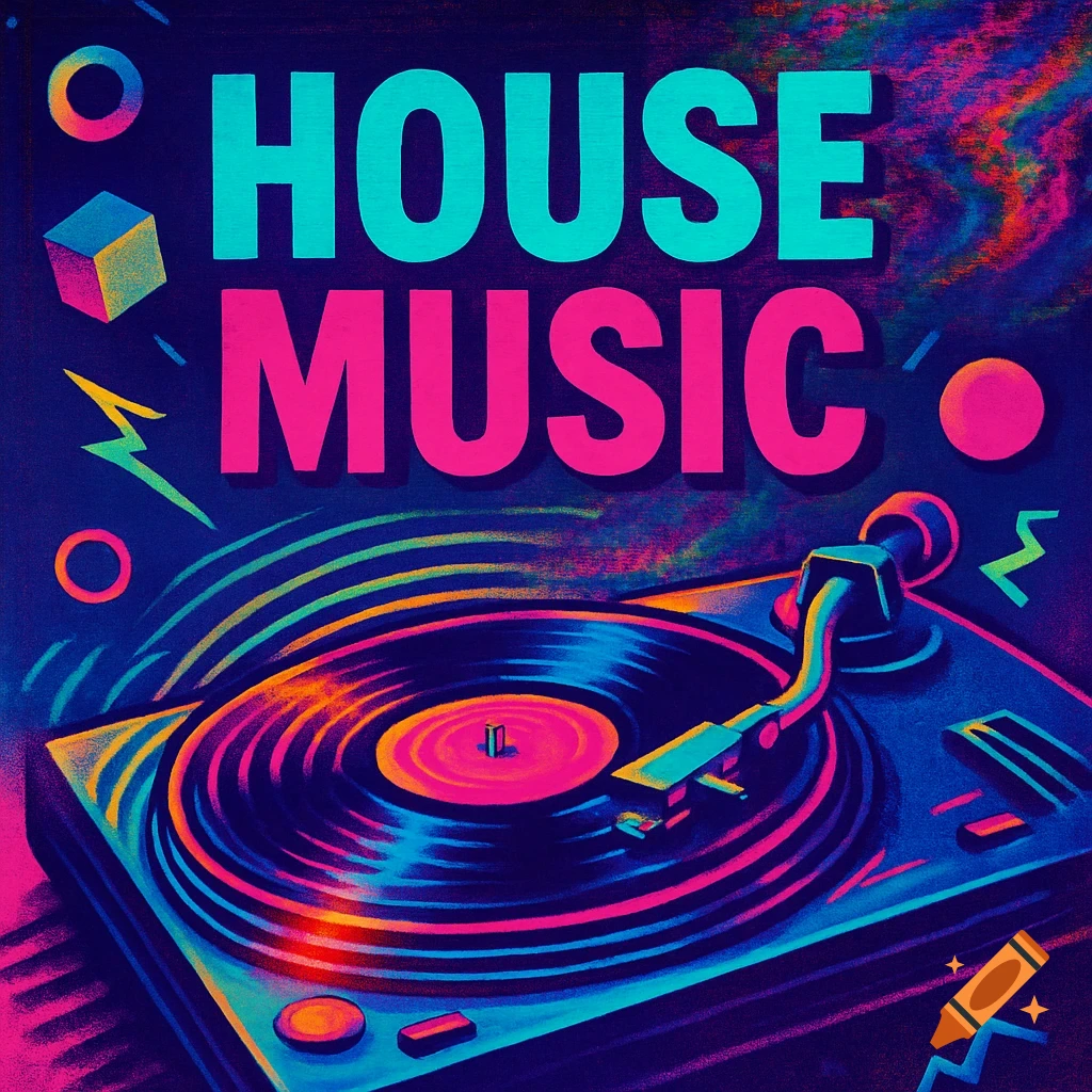 A vibrant, neon-colored 90s style cover art for 'HOUSE MUSIC' featuring a turntable and abstract shapes.