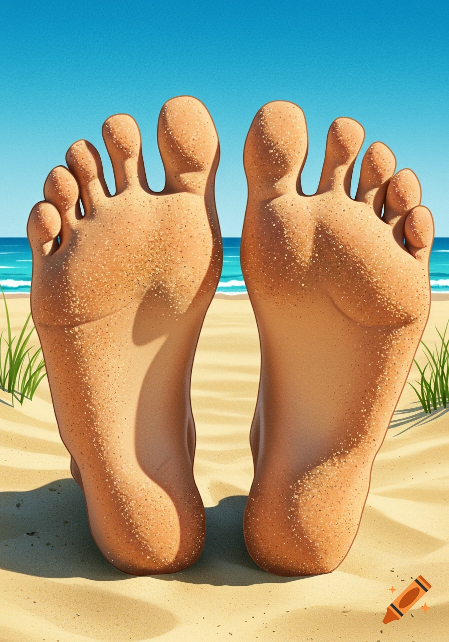 Vibrant illustration of two sandy feet with the ocean and beach in the background.