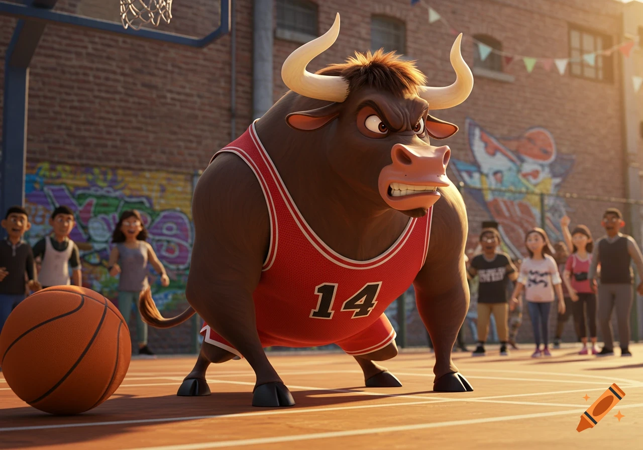 An angry, muscular brown bull in a red number 14 basketball jersey on an outdoor court, in a cartoon style.