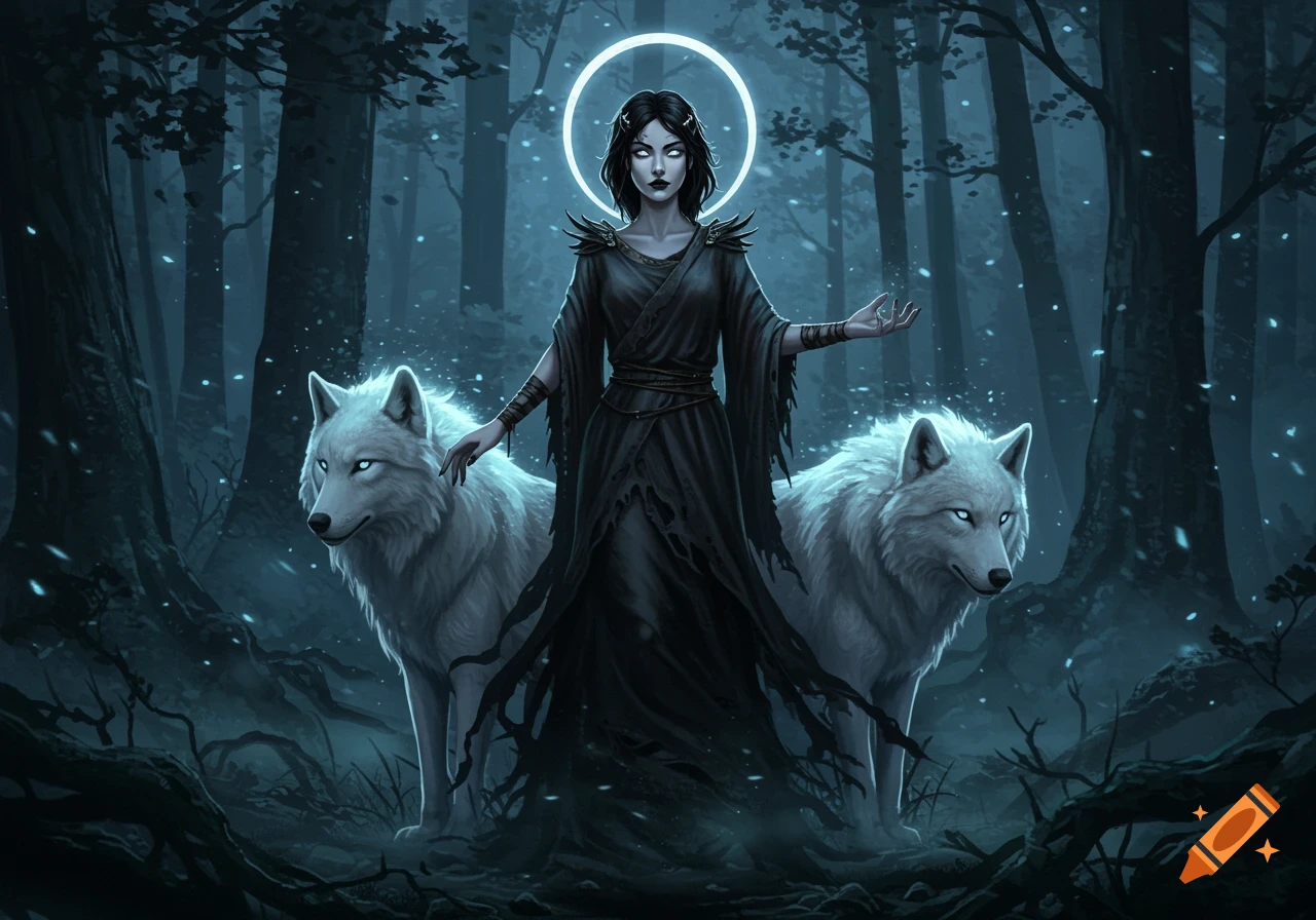 Fantasy illustration of a dark-haired woman with a glowing halo standing between two white wolves in a misty, dark forest.