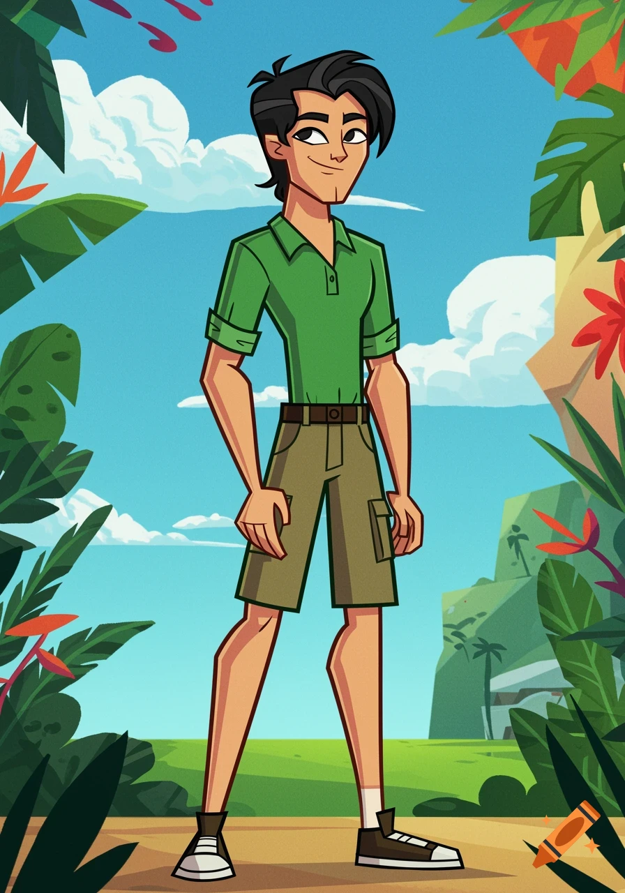 A cartoon male character with dark hair, wearing a green polo shirt and khaki shorts, stands in a vibrant jungle setting under a blue sky.