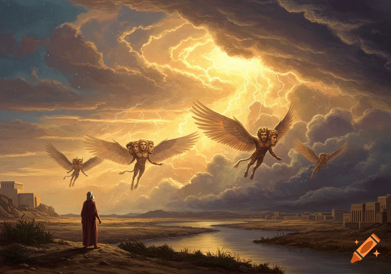 A man in ancient robes stands before a river and city, looking up at winged, multi-faced creatures flying in a dramatic, lightning-filled sky.