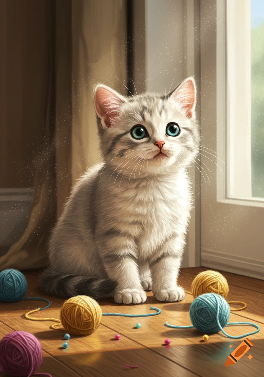 A fluffy grey and white kitten with bright blue eyes sits on a wooden floor surrounded by colorful balls of yarn, illuminated by sunlight.
