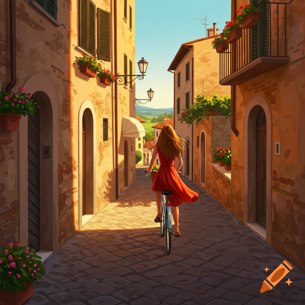 A woman in a red dress rides a bicycle down a sunlit, narrow cobblestone street in a charming Italian town.