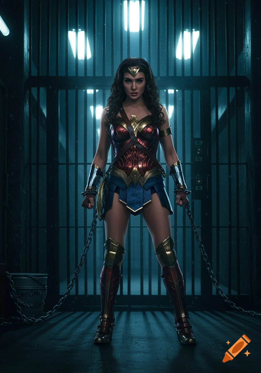Photorealistic image of Wonder Woman standing defiantly in a dark prison cell, chained by her wrists, under glowing lights.