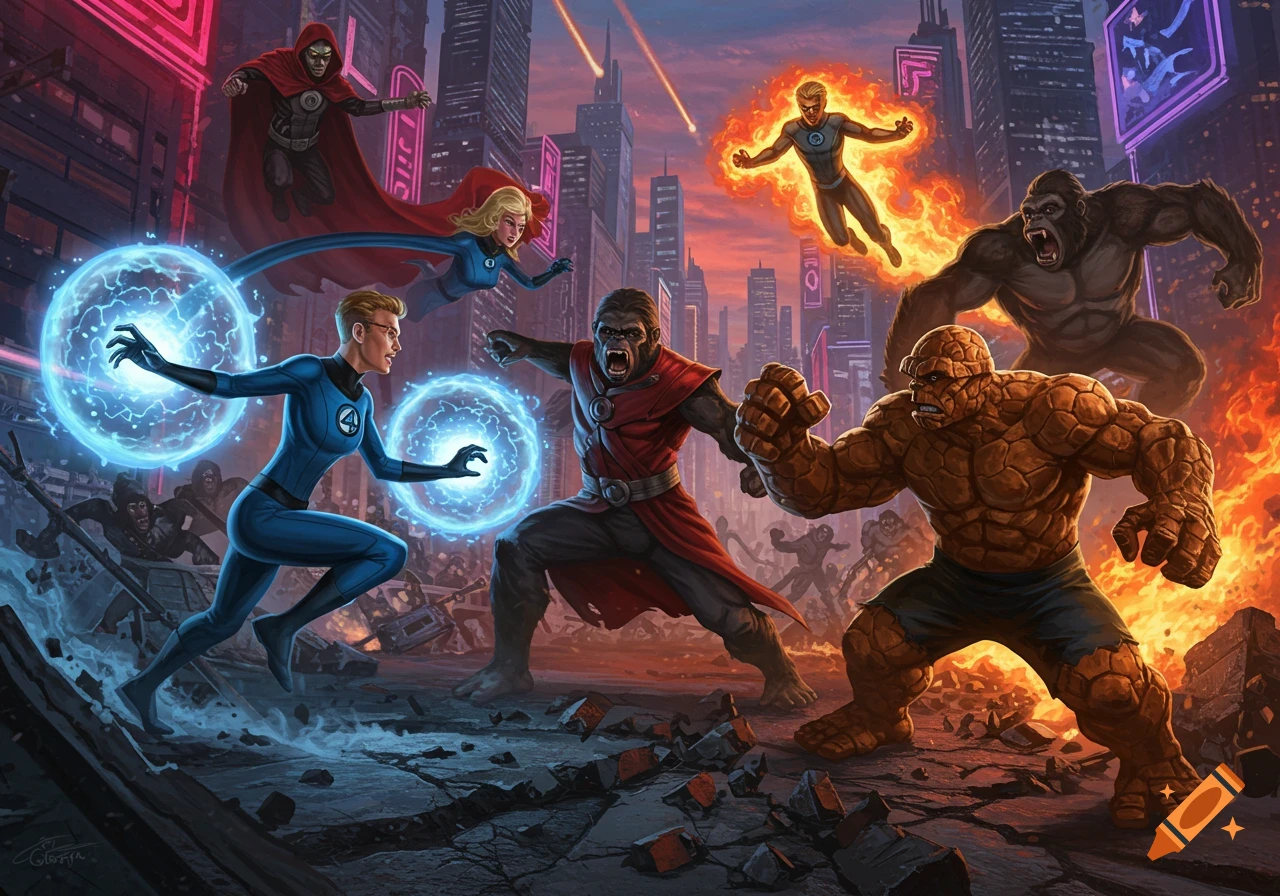 A colorful comic book style illustration of the Fantastic Four battling the Red Ghost and his super-apes in a futuristic city at dusk.