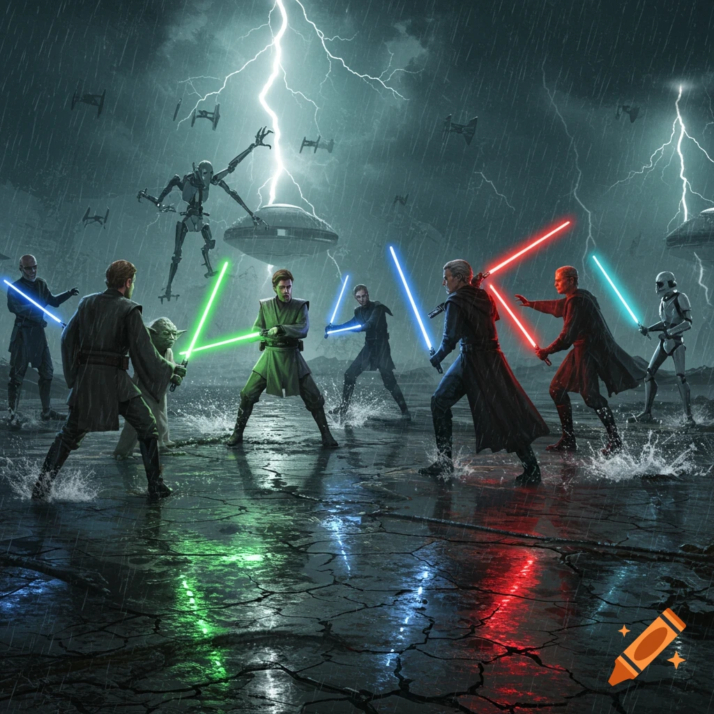 Star Wars characters, including Jedi and Sith, engage in a dramatic lightsaber battle on a dark, rainy planet with lightning.