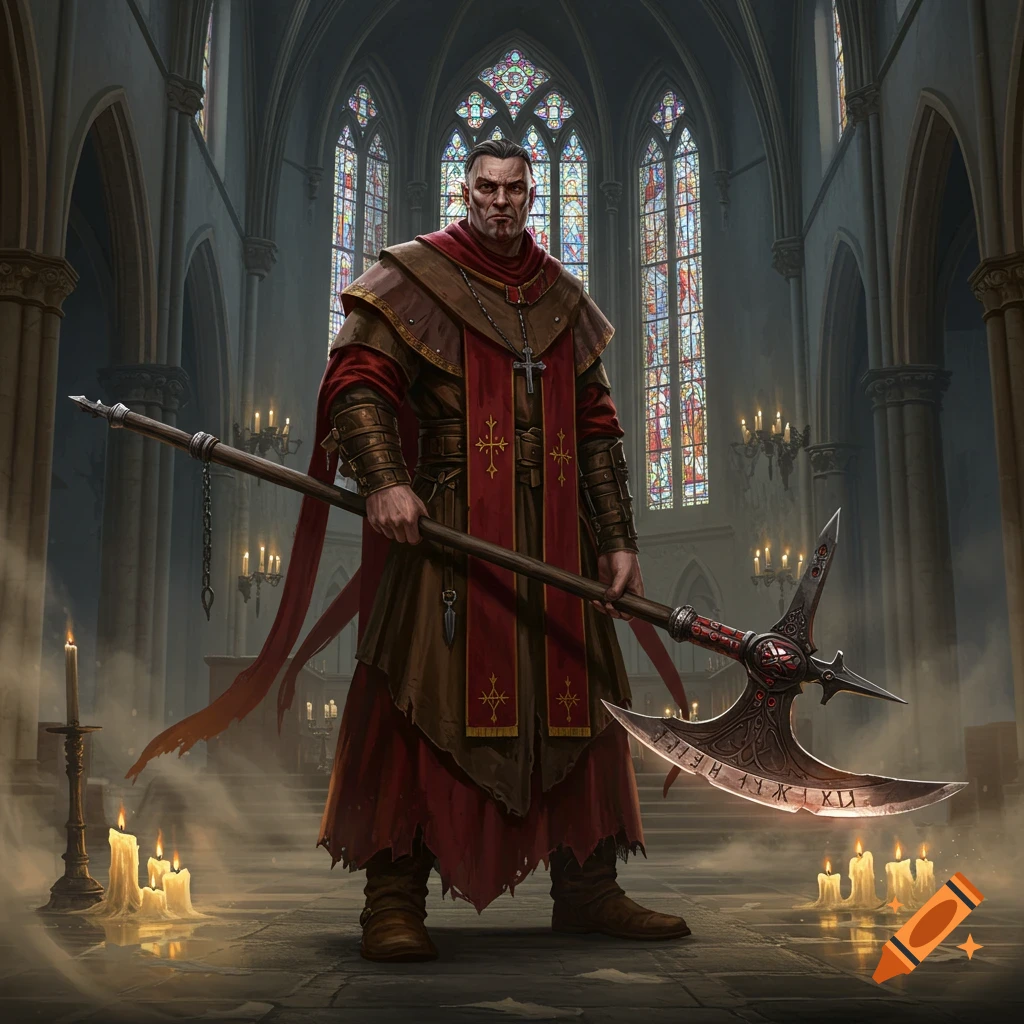 A tough-looking priest in a brown and red robe holds a large, ornate halberd inside a candlelit gothic church with stained glass windows.