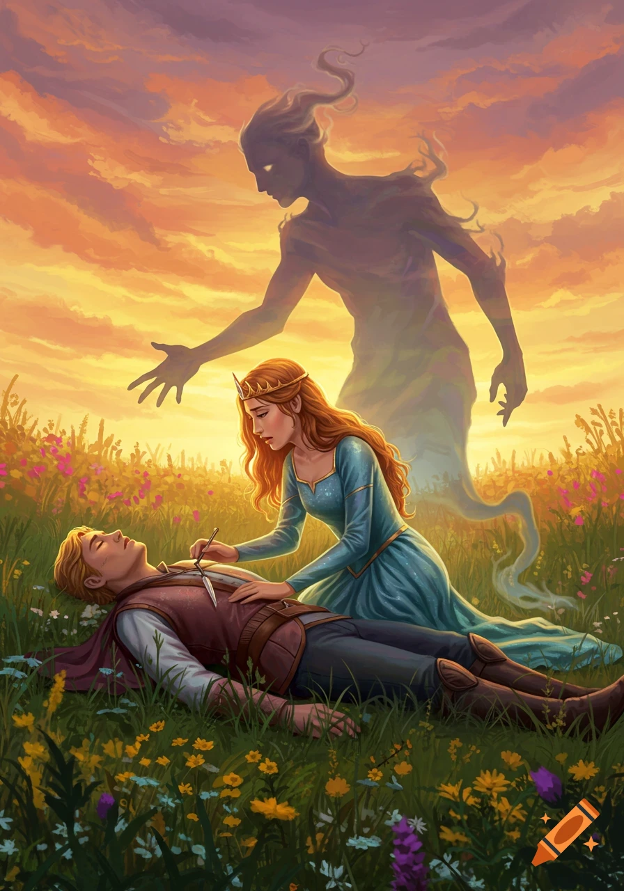 A princess kneels over a fallen hero with a dagger, while a shadowy figure looms over them in a vibrant field at sunset.
