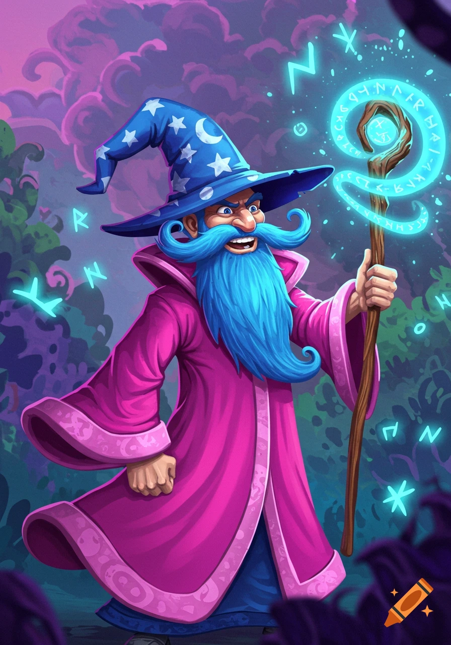 A crazy cartoon wizard with a pink robe, blue hat, and blue mustache and beard, holding a staff and casting a glowing blue spell with runes.
