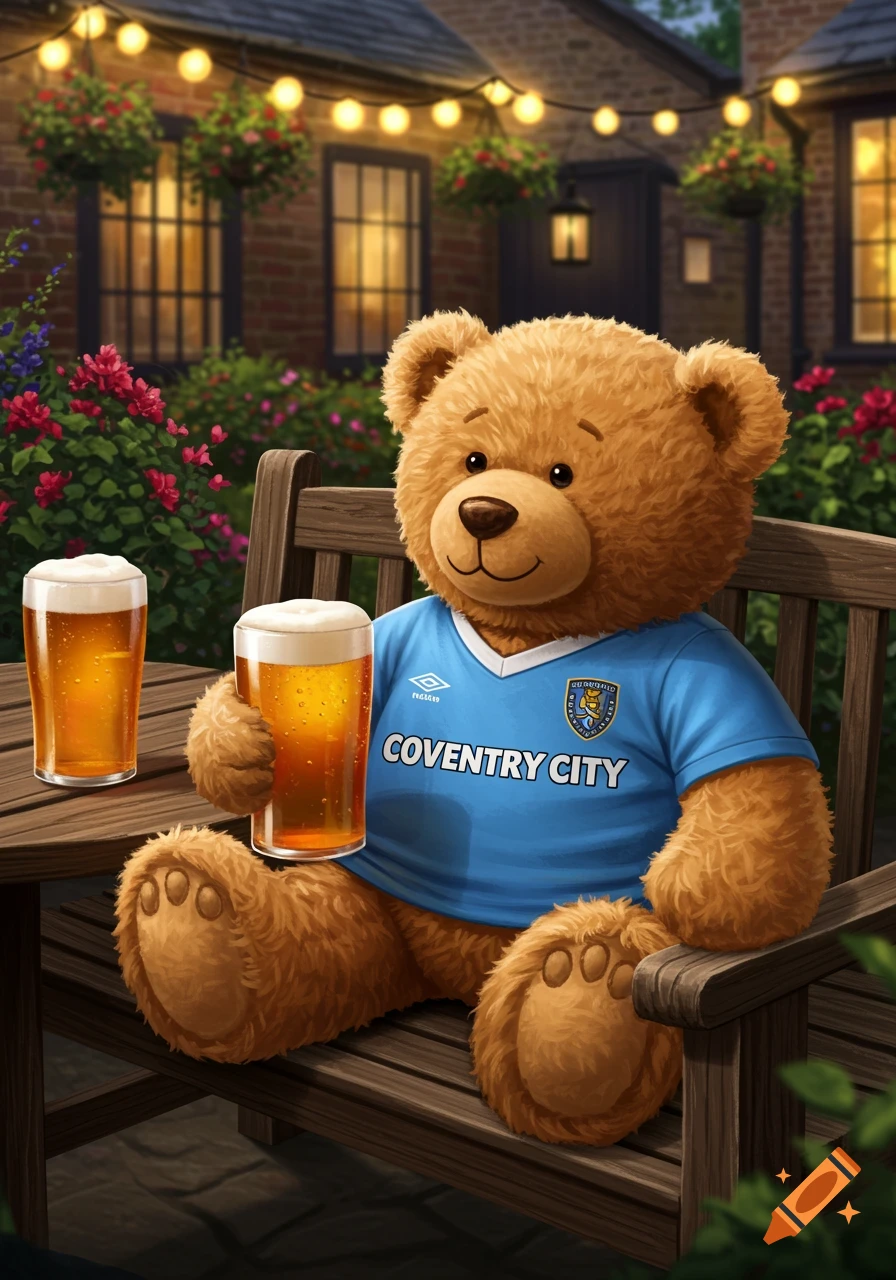 A fluffy brown teddy bear in a Coventry City shirt sits on a bench in a pub garden, holding a pint of beer, with string lights overhead.