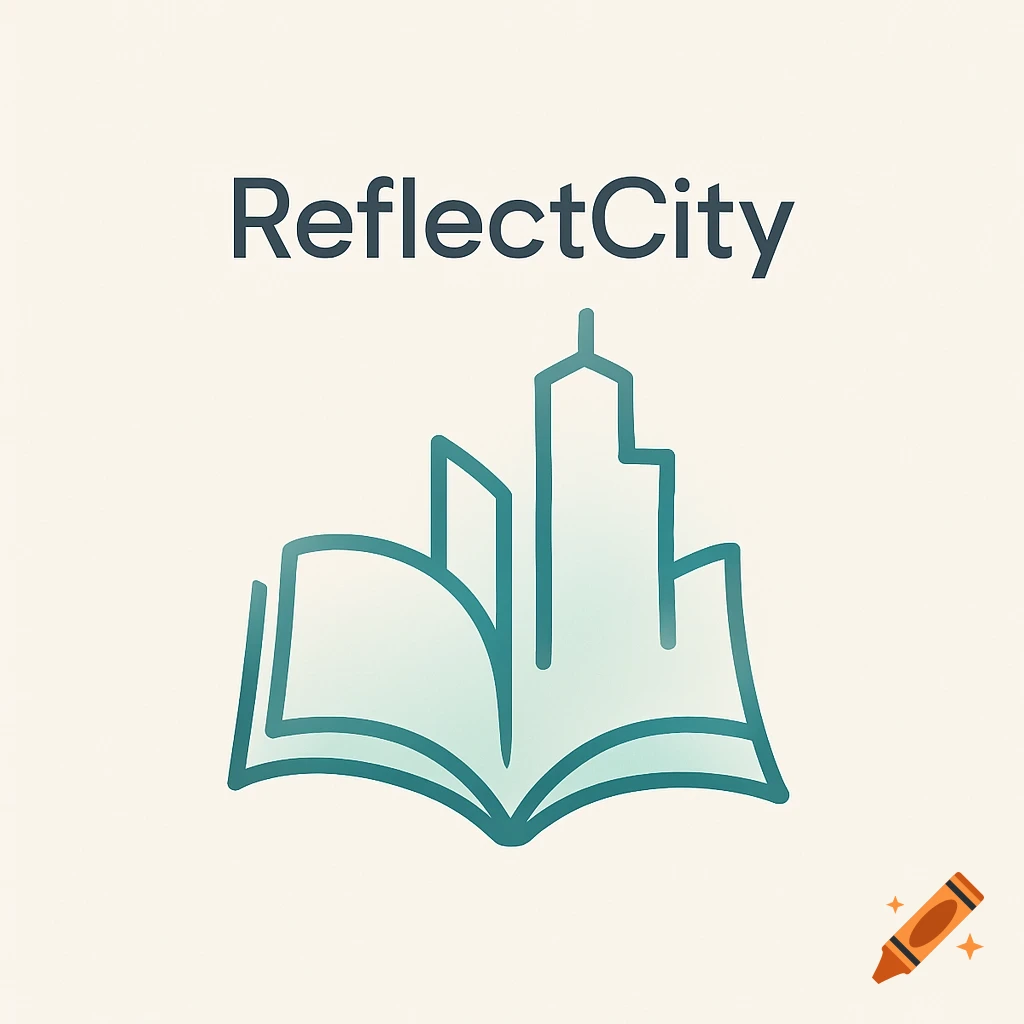 A minimalist logo for ReflectCity, featuring the text above a teal line art icon of an open book with a city skyline emerging from its pages.