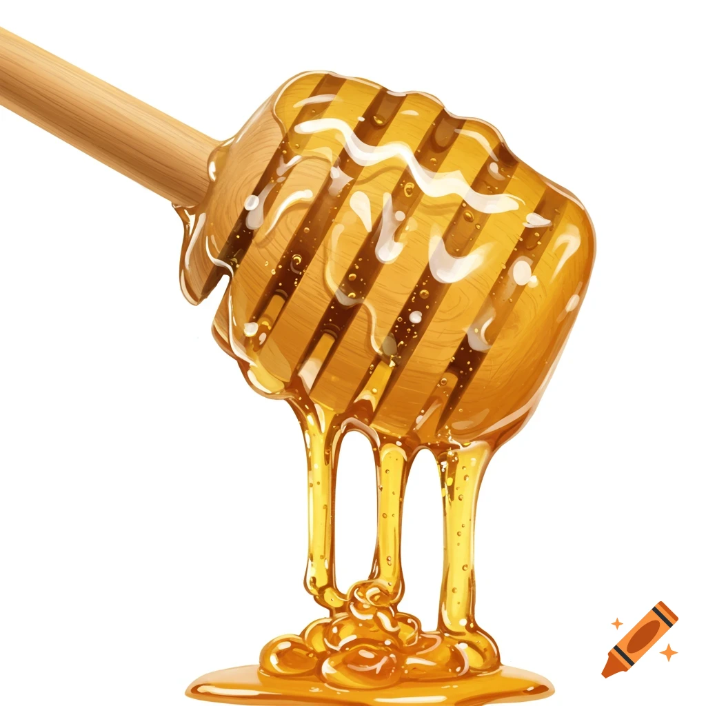 A wooden honey dipper is covered in golden honey, which drips down in thick streams onto a puddle below, set against a white background.