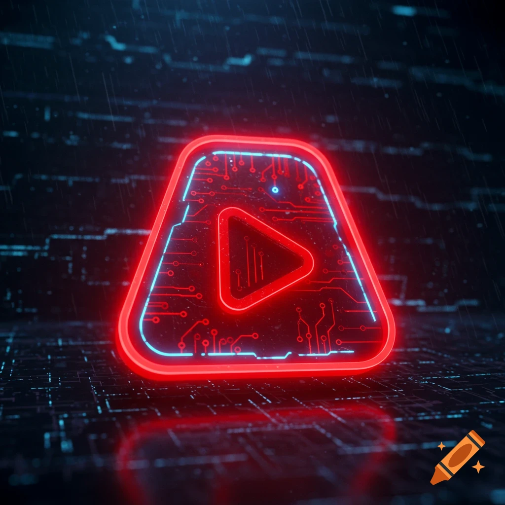 A glowing red play icon with blue circuit board lines, set against a dark digital background with subtle blue lines and light rain.