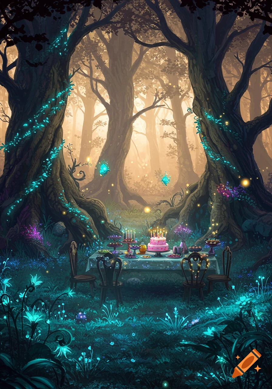 A magical fantasy birthday party table set in an enchanted forest with glowing blue foliage.