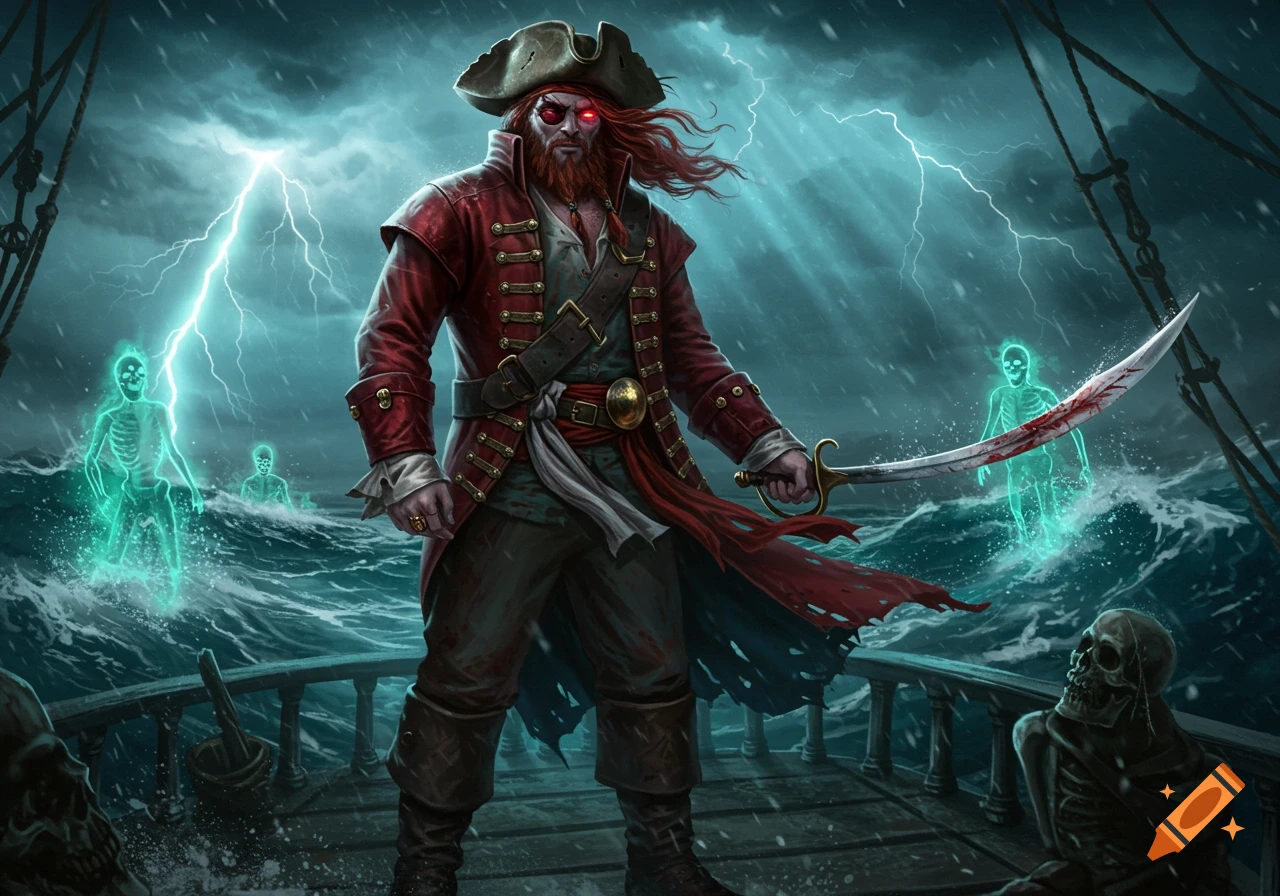 A red-bearded pirate with glowing red eyes stands on a stormy ship deck, holding a bloodied sword, surrounded by glowing green ghosts and lightning.