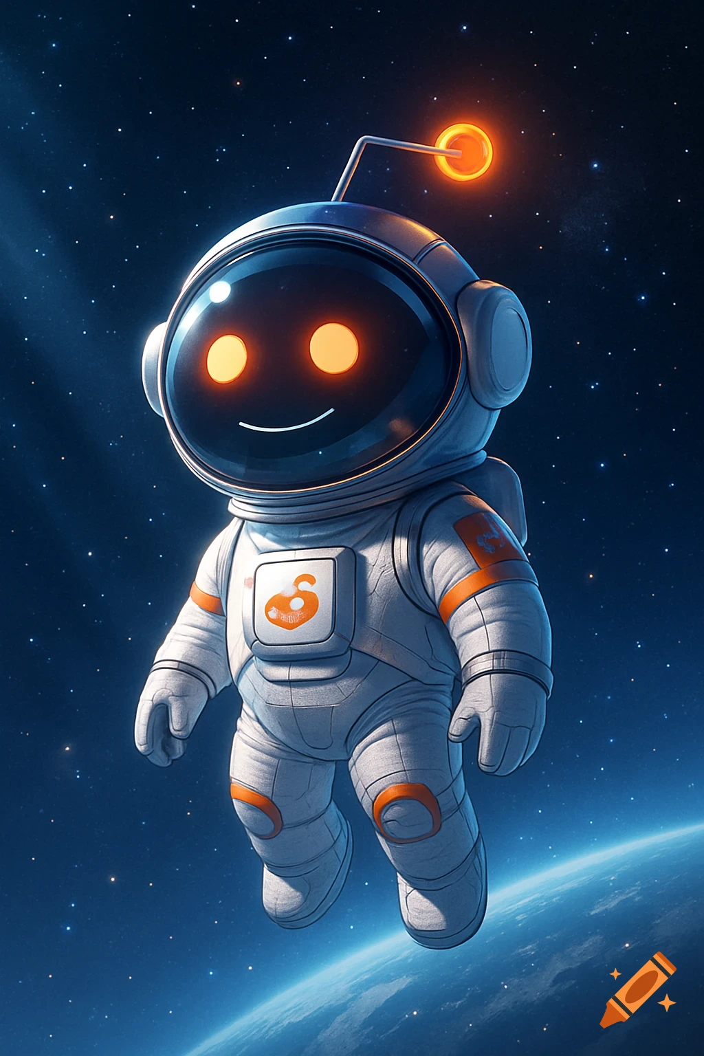 A cute, stylized Reddit Snoo astronaut floats in the vastness of space above Earth, with glowing orange eyes and antenna.