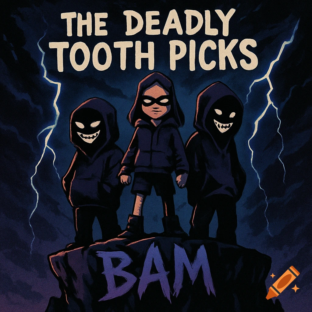 Cartoon album cover showing three shadowy figures, one with a mask, on a cliff with lightning. Text reads 'The Deadly Tooth Picks' and 'BAM'.