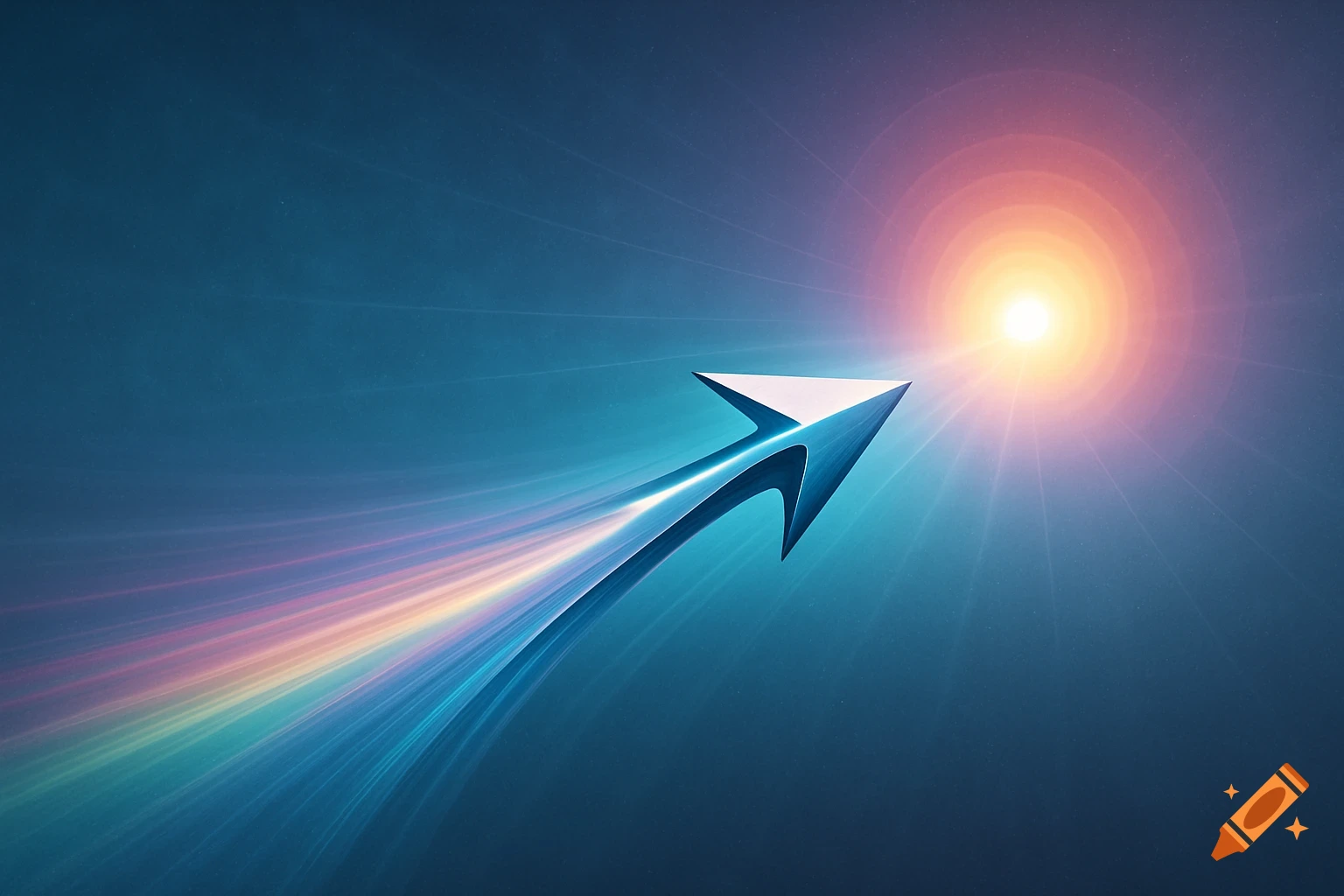 A futuristic arrow with colorful light trails points towards a bright sun-like orb against a dark blue background.