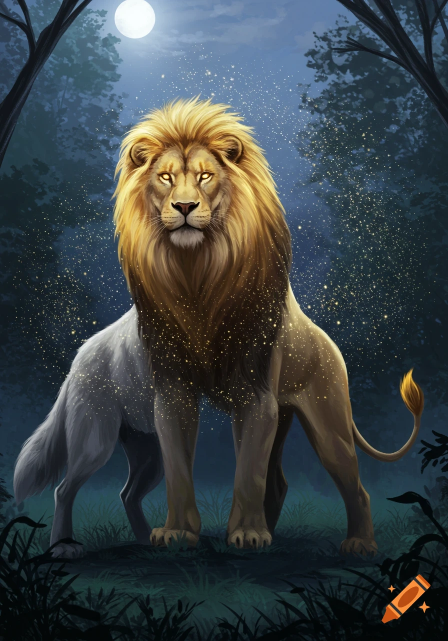 A majestic lion with a golden mane and glowing eyes, with a two-toned body, stands in a mystical dark forest under a full moon with sparkling golden dust.