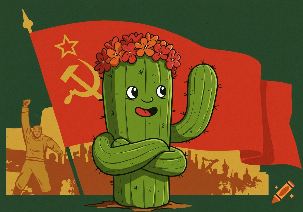 Cartoon cactus with a flower crown and crossed arms, standing before a red Soviet flag with a hammer and sickle symbol.