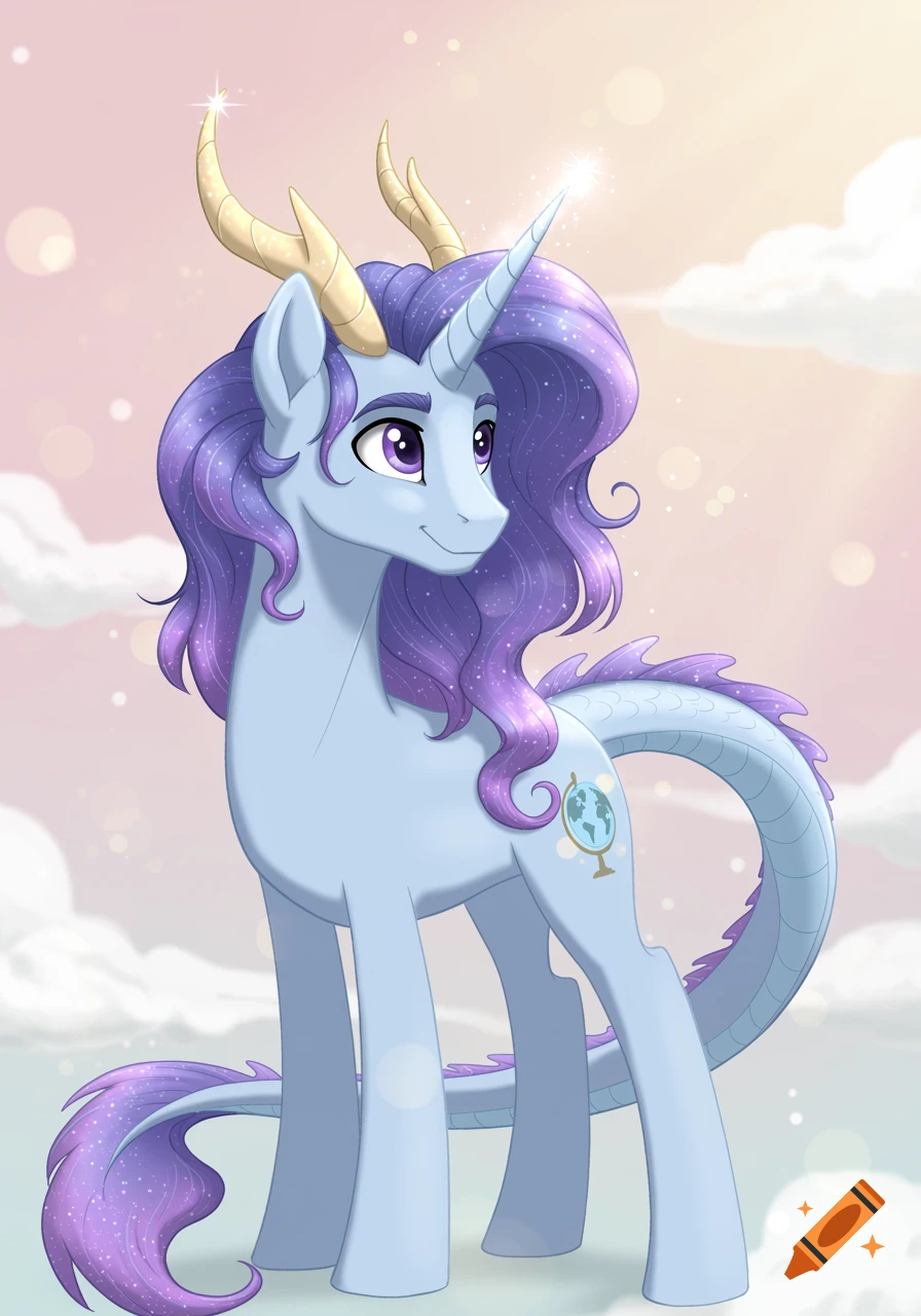 A cartoon alicorn-dragon hybrid with purple sparkly hair, golden horns, a blue body, and a globe cutie mark stands against a soft pastel sky.