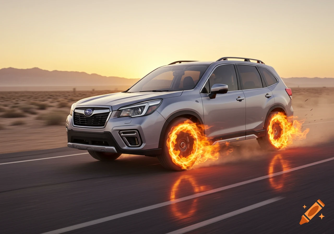 A silver Subaru Forester SUV drives on a desert road with its wheels engulfed in flames, set against a sunset sky.