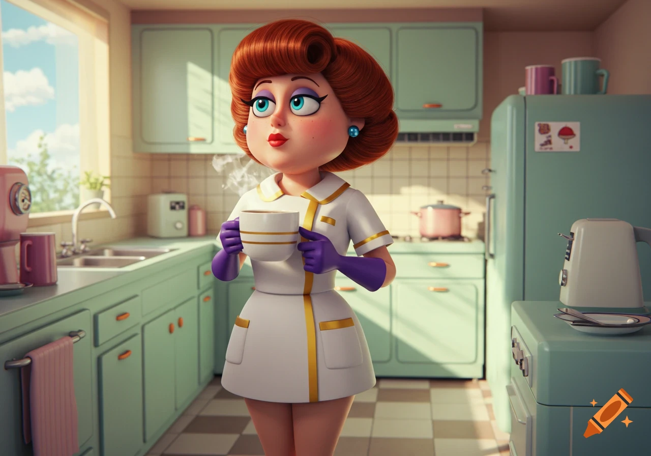 A cheerful cartoon woman with red hair and a white dress holding a steaming cup in a brightly lit, teal kitchen.