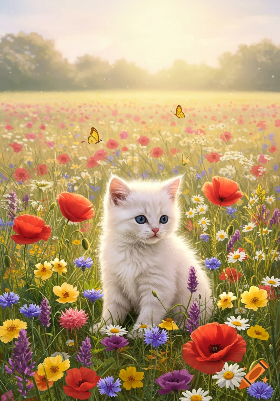 A fluffy white kitten with blue eyes sits in a vibrant field of colorful wildflowers under a sunny sky with butterflies.