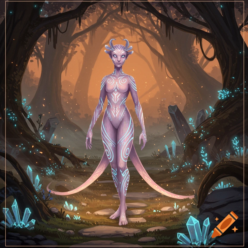 An illustration of a lavender humanoid creature with glowing blue patterns and horns, standing in a mystical forest with blue crystals.