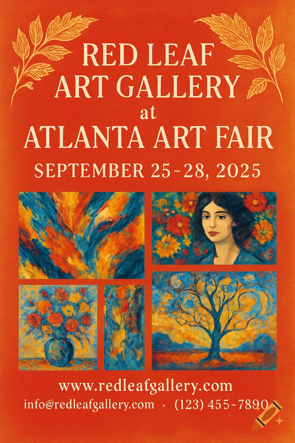 A vibrant red and orange flyer for the Red Leaf Art Gallery at the Atlanta Art Fair, featuring abstract art and a portrait.