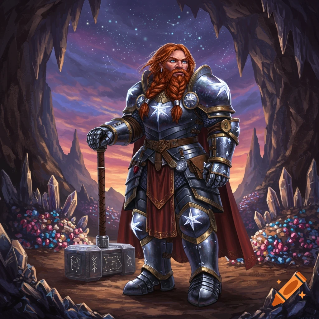 A majestic dwarf warrior in intricate star-metal armor stands with a hammer in a crystal cave under a starry sky.